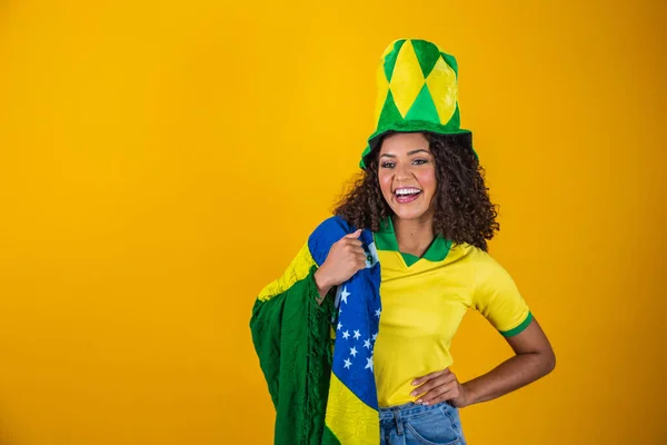 Apoiante Brasil Brasileiro Cabelo Encaracolado Mulher Comemorando Futebol Jogo Futebol — Fotografia de Stock