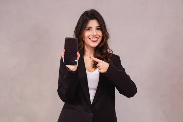 Portrait Cheerful Businesswoman Showing Cell Phone Blank Screen Isolated White — Stock Photo, Image