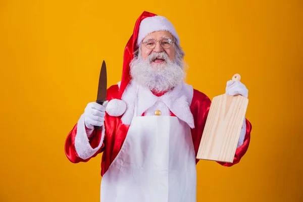 Santa Claus Dressed Apron Holding Empty Meat Plate Knife — Stock Photo, Image