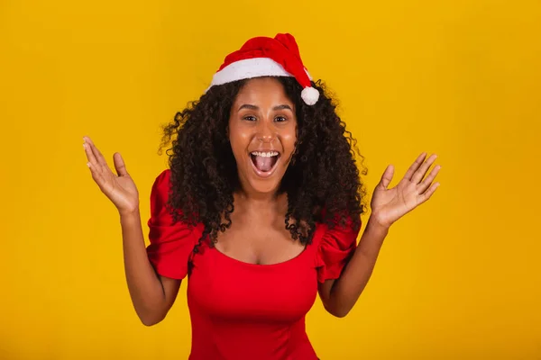 Expressive Excited Woman Santa Hat Yellow Background — Stock Photo, Image