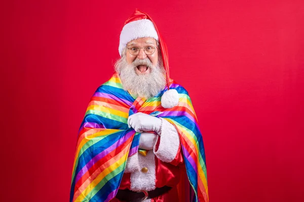Julenissen Dekker Med Lhbt Stolt Flagg Helt Alene Ett Holder – stockfoto