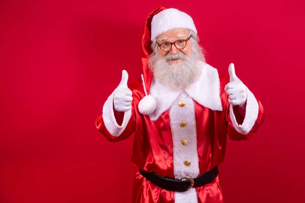 Der Weihnachtsmann Zeigt Daumen Hoch Weihnachtsmann Mit Echtem Bart Und — Stockfoto