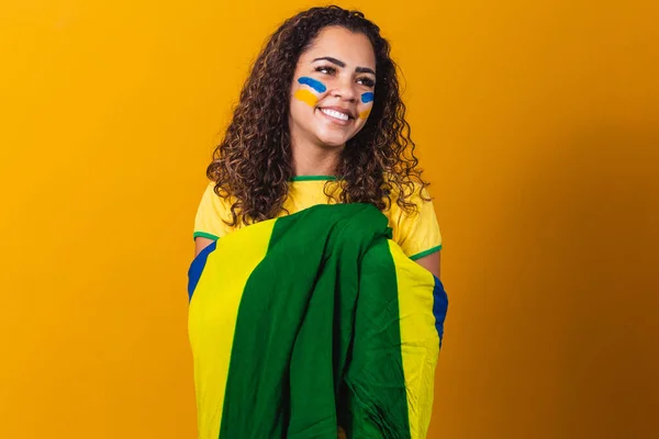 Afro Girl Cheering Favorite Brazilian Team Holding National Flag Yellow — Stock Photo, Image