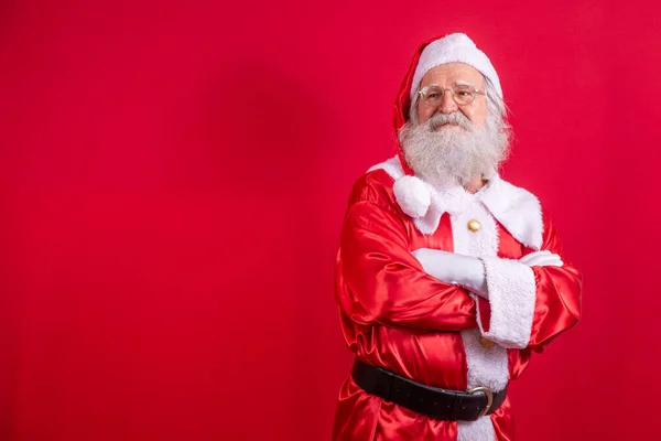 Santa Claus Crossed Arms Red Background Kind Bearded Santa Claus — Stock Photo, Image