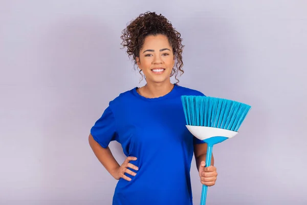 Housewife Woman Cleaner Young Man Holding Broom White Background Free — Stock Photo, Image