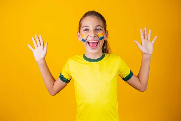 Beautiful Enthusiastic Expressive Little Girl Yellow Background Dressed Brazil Game — Stock Photo, Image