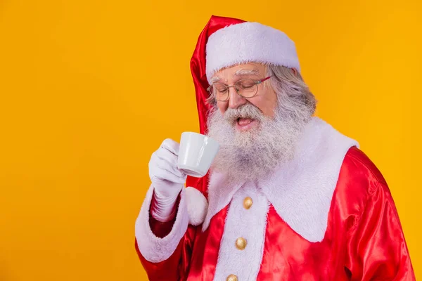 Real Santa Having Coffee Yellow Background Free Space Text — Stock Photo, Image