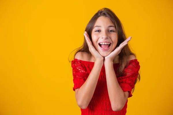 Adorable Little Girl Smiling Yellow Background — Stock Photo, Image