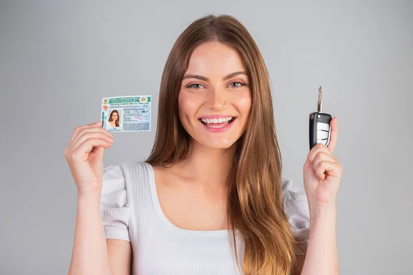 Blonde Brazilian Woman Holding Motor Vehicle Driver License Car Key — Stock Photo, Image