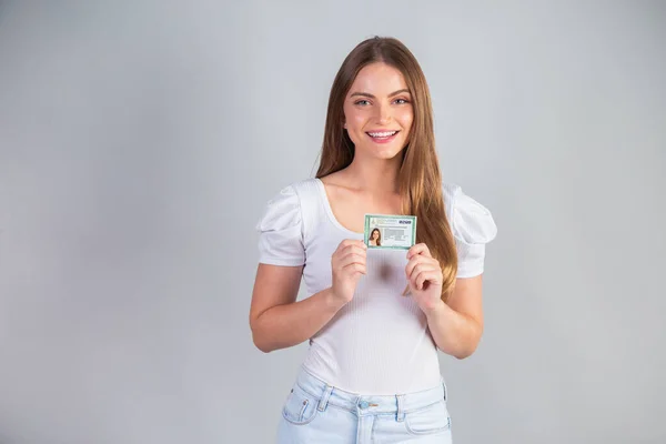 Blonde Brazilian Woman Holding Identity Registration Translation English National Identity — Stock Photo, Image