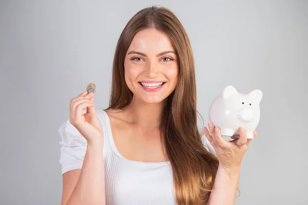 Blonde Brazilian Woman Holding Piggy Bank Coin — Stock Photo, Image