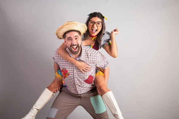 Brasilianisches Paar Festa Junina Kleidung Fest Des Joo Zusammen Spielen — Stockfoto