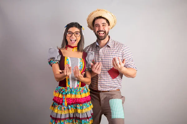 Brasilianisches Paar Festa Junina Kleider Gekleidet Fest Von Joo Einladend — Stockfoto