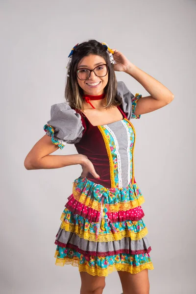 Mulher Brasileira Vestida Com Roupas Festa Junina Festa Joo Retratos — Fotografia de Stock