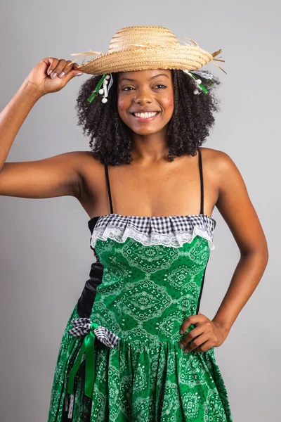 Retrato Vertical Mulher Brasileira Negra Roupas Festa Junina Festa São — Fotografia de Stock
