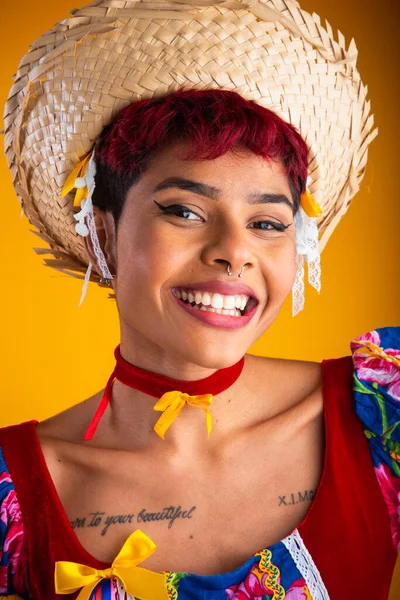 Vertical Portrait Brazilian Woman Festa Junina Clothes Arraial Feast Saint — Stock Photo, Image
