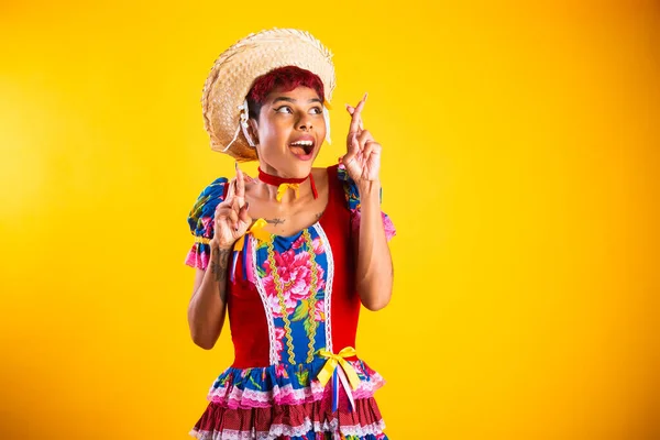 Mujer Brasileña Con Ropa Fiesta Junina Arraial Fiesta San Juan — Foto de Stock