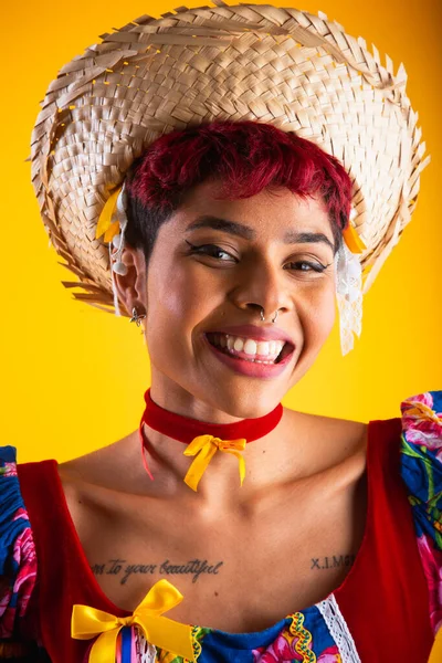 Vertical Portrait Brazilian Woman Festa Junina Clothes Arraial Feast Saint — Stock Photo, Image