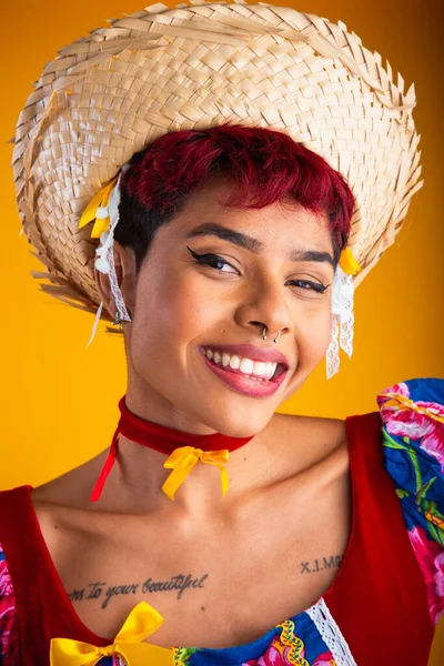 Vertikální Portrét Brazilská Žena Šatech Festa Junina Arraial Svátek Svatého — Stock fotografie