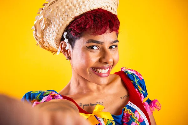 Mujer Brasileña Con Ropa Fiesta Junina Arraial Fiesta San Juan —  Fotos de Stock