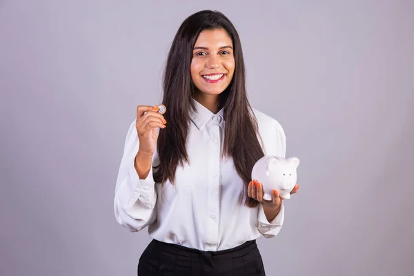 Brazilian Woman Holding Piggy Bank Finance Investment Savings — Stock Photo, Image