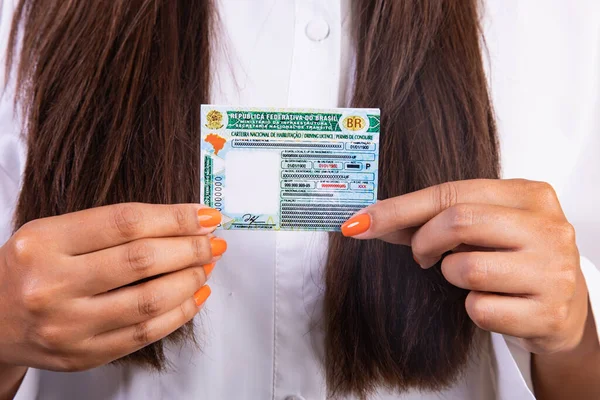 Brazilian Woman Holding Driver License Translation English National Driver License — Stock Photo, Image