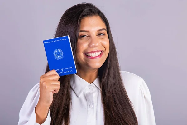Femme Affaires Brésilienne Avec Carte Travail Traduction Anglais Carte Emploi — Photo