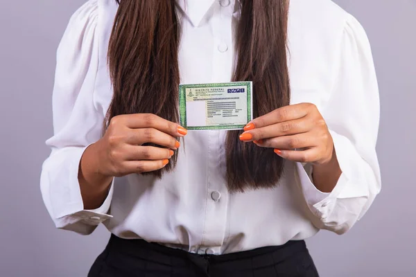 Brazilian Woman Holding Identity Card Translation English National Identity Card — Stock Photo, Image
