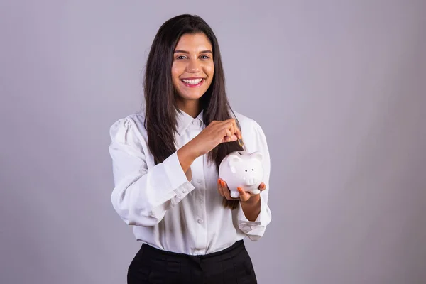 Brazilian Woman Holding Piggy Bank Finance Investment Savings — Stock Photo, Image