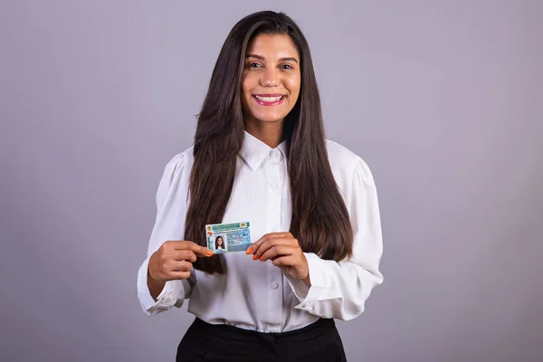 Brasiliansk Affärskvinna Med Körkort Översättning Engelska Nationellt Körkort — Stockfoto