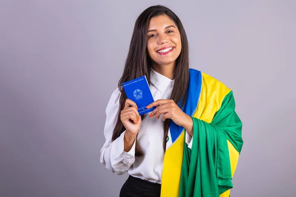 Empresaria Brasileña Con Bandera Brasil Tarjeta Trabajo Traducción Inglés Employment — Foto de Stock
