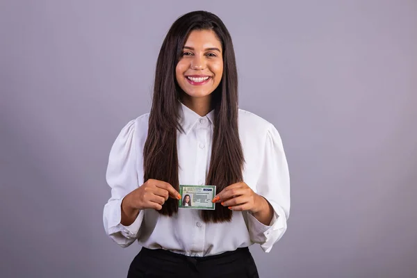Brazilian Woman Holding Identity Registration Translation English National Identity Card — Stock Photo, Image
