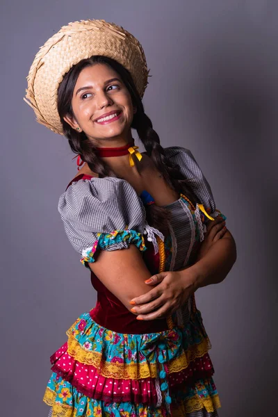Mujer Brasileña Ropa Fiesta Junina Comparecencia Festa Joo Retrato Vertical —  Fotos de Stock