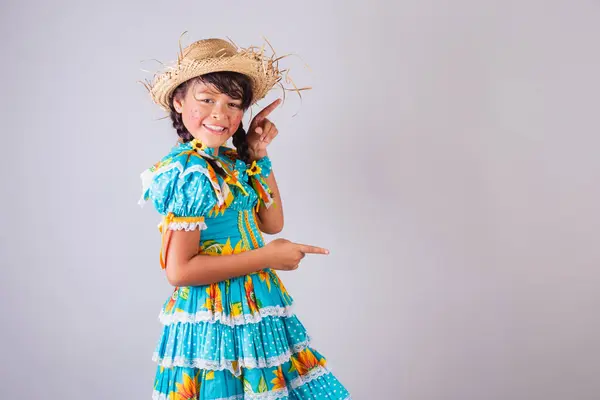 Child Brazilian Girl June Party Clothes Showing Something Side Presenting — Stock Photo, Image