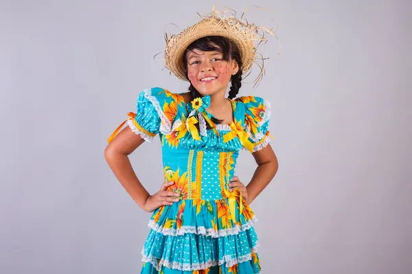 Child Brazilian Girl Festa Junina Clothes Hands Hips — Stock Photo, Image