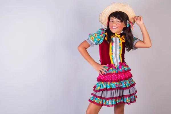 Kind Brasilianisches Mädchen Festa Junina Kleidung Tanzt Mit Der Hand — Stockfoto