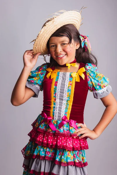 Enfant Fille Brésilienne Dans Les Vêtements Fête Junina Portrait Vertical — Photo