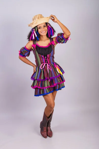 Black Brazilian Woman Wearing Festa Junina Clothes Fellowship Saint John — Stock Photo, Image