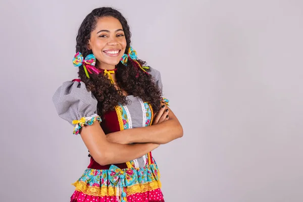 Mulher Brasileira Negra Vestindo Roupas Festa Junho Confraternização Nome Joo — Fotografia de Stock