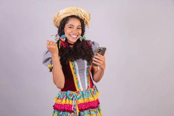 Schwarze Brasilianische Frau Juni Partykleidung Verbrüderung Namen Von Joo Arraial — Stockfoto