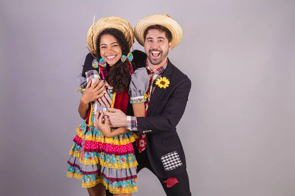 Brazilian Couple Wearing June Party Clothes Fraternization Name Joo Arraial — Stock Photo, Image