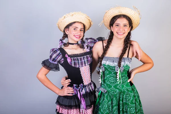Mädchen Schwestern Freunde Brasilianer Mit Juni Party Kleidung Arraial Also — Stockfoto
