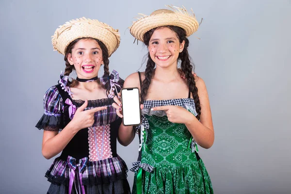 Meisjes Zussen Vrienden Braziliaans Met Feestkleding Arraial Joo Party Horizontaal — Stockfoto