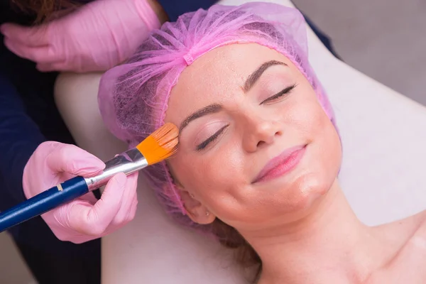 Closeup Photo Woman Face Photo Aesthetics Aging Procedures Application Cream — Stock Photo, Image