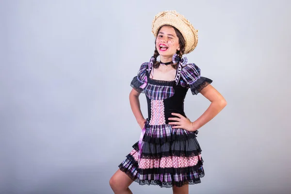Бразильская Девушка Одежде Festa Junina Arraial Festa Joo Горизонтальный Портрет — стоковое фото
