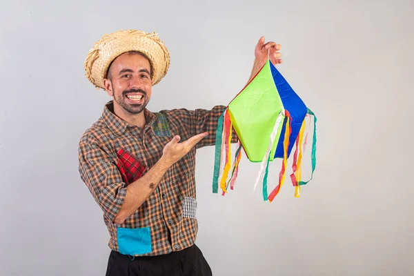 Homem Brasileiro Vestindo Roupas Festa Junina Arraial Festa São João — Fotografia de Stock