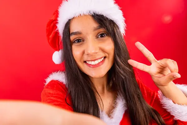 Brazilian Woman Teenager Wearing Christmas Clothes Peace Love Fingers — Stock Photo, Image