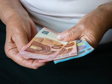 Elinde küçük Euro banknotları tutan yaşlı bir kadının elleri. Ön görünüm