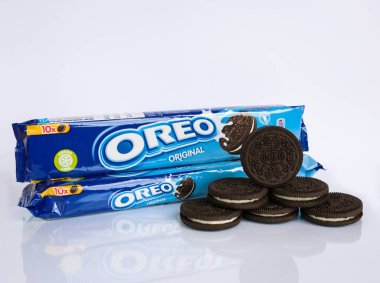 Zaporizhzhia, Ukraine - June 30, 2023: OREO Original Chocolate sandwich cookie isolated on white background with reflection