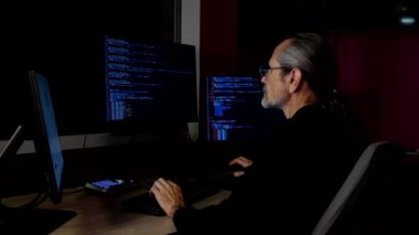 Gözlüklü, at kuyruklu ve at kuyruklu orta yaşlı programcı üç monitörlü bir masada koyu renk bir ofiste kodlama yapıyor.